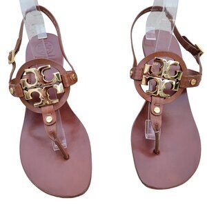 Tory Burch Sandals Tan Leather Slingback Buckle Heels Logo Emblem 10